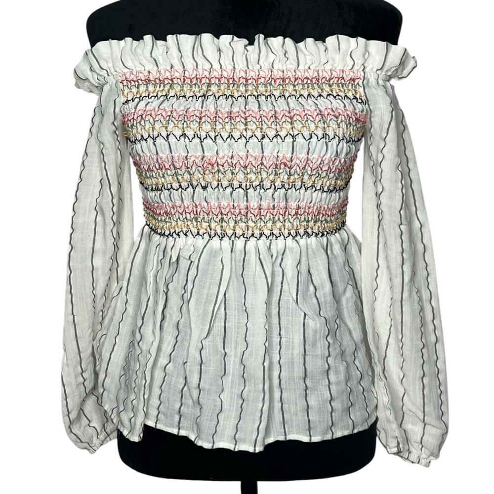 Thml Flounce White Stripe Colorful Off-Shoulder Top Women’s Size Small
